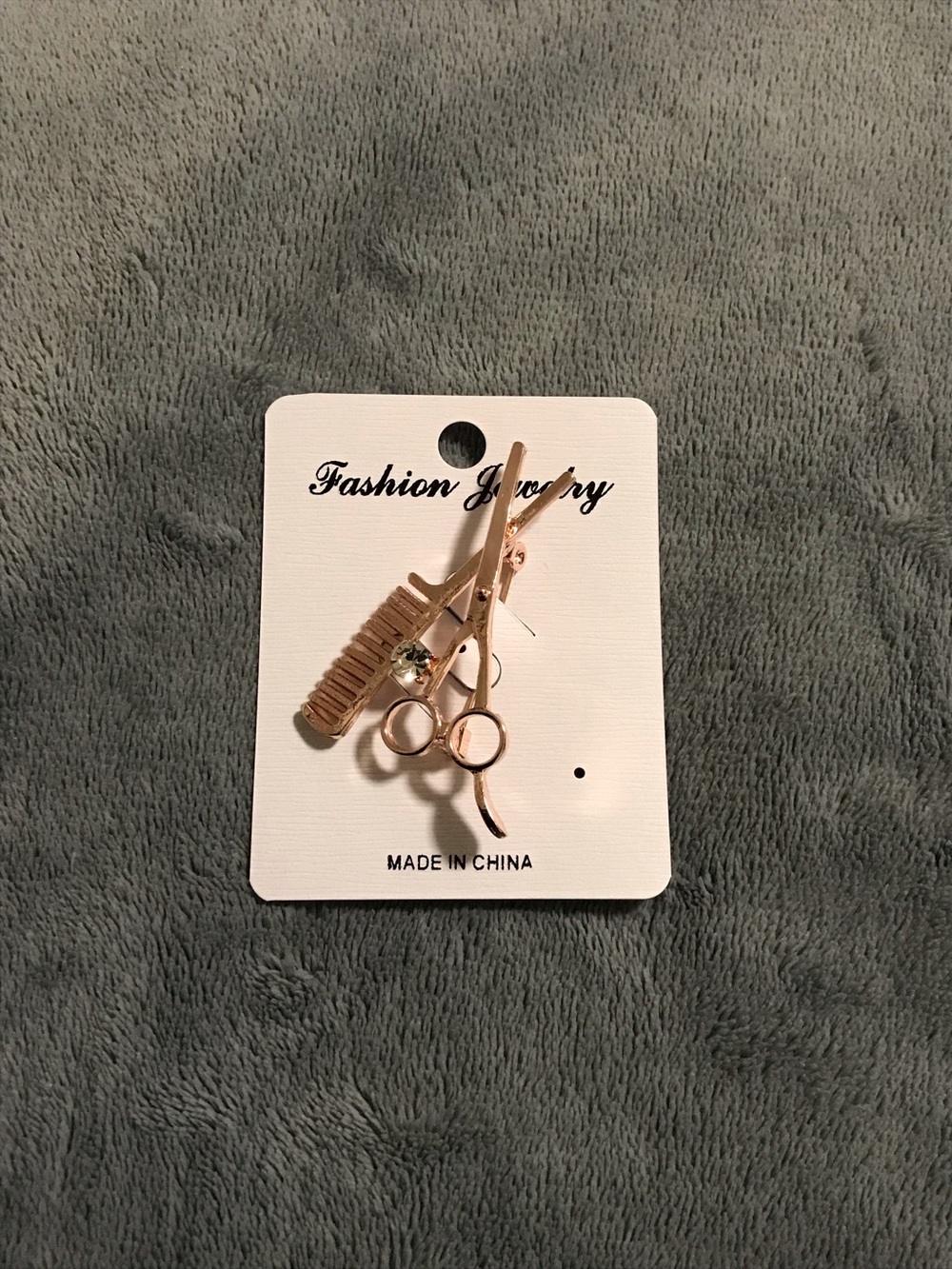 Rose Gold Tone Scissor Comb Rhinestone Barber Hairdresser Brooch Pin